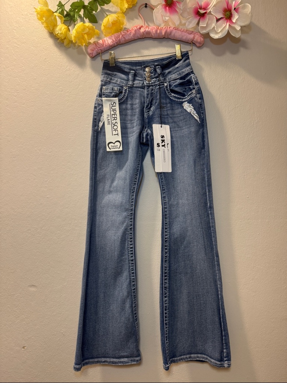 Sky Women's Blue Flare Jeans with Distressed Detail